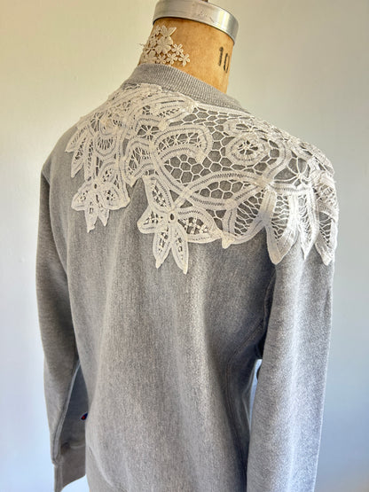Ruffled & Battenburg Lace Upcycled Champion Sweatshirt XS/S #SWRXXS3