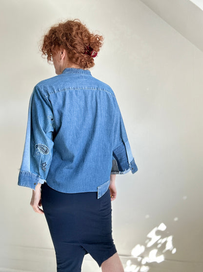 Ellis Reclaimed Patchwork Wrangler Denim Shirt with Handstitching & Hand Dyed Twill Ribbon XL/2X #ELL1