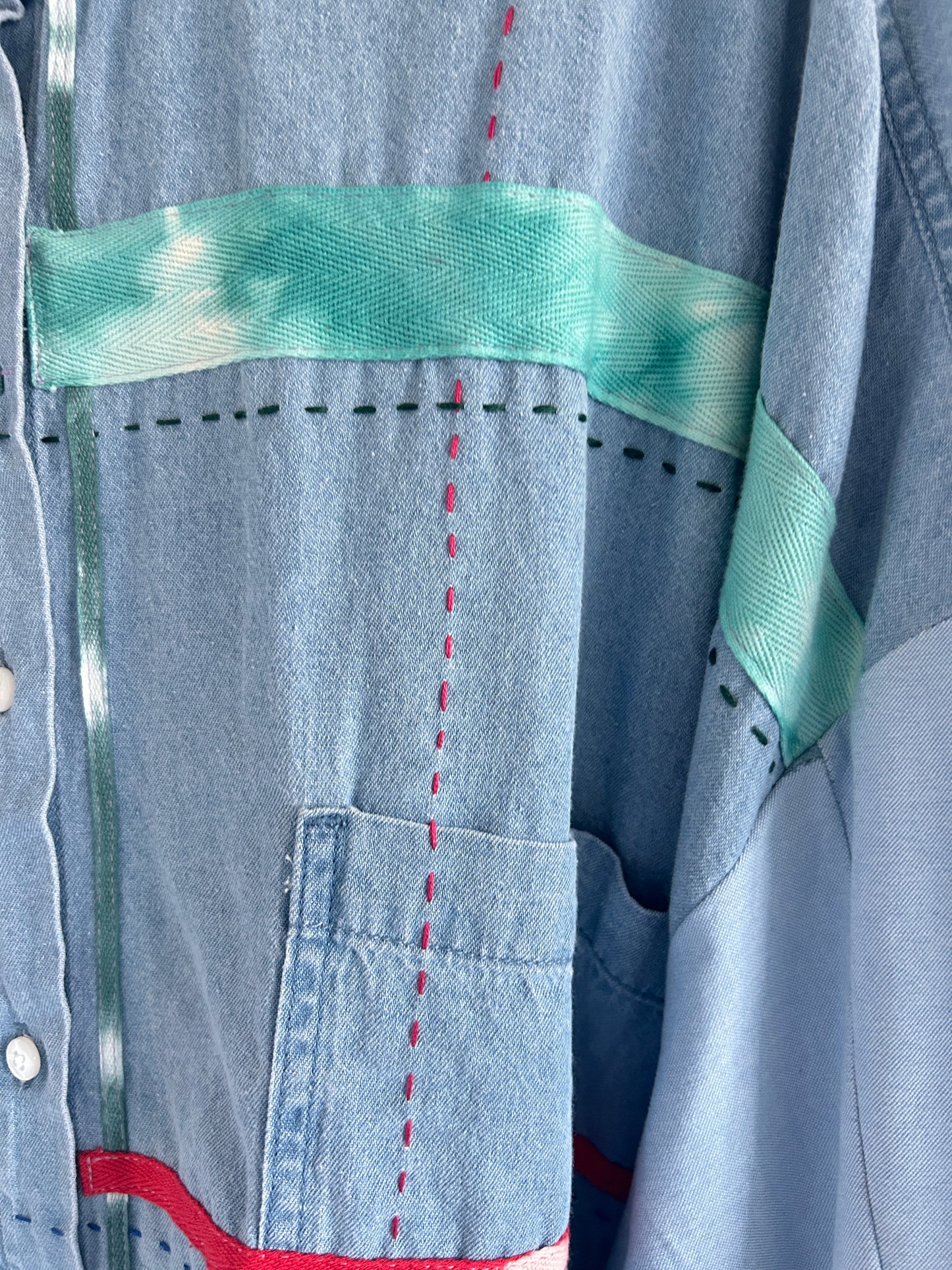 Ellis Reclaimed Patchwork Wrangler Denim Shirt with Handstitching & Hand Dyed Twill Ribbon 3X/4X #ELL11