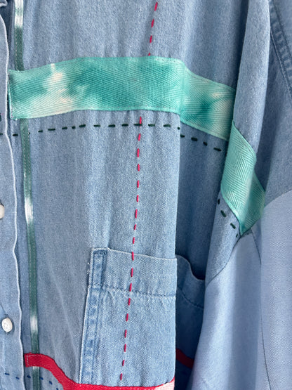 Ellis Reclaimed Patchwork Wrangler Denim Shirt with Handstitching & Hand Dyed Twill Ribbon 3X/4X #ELL11