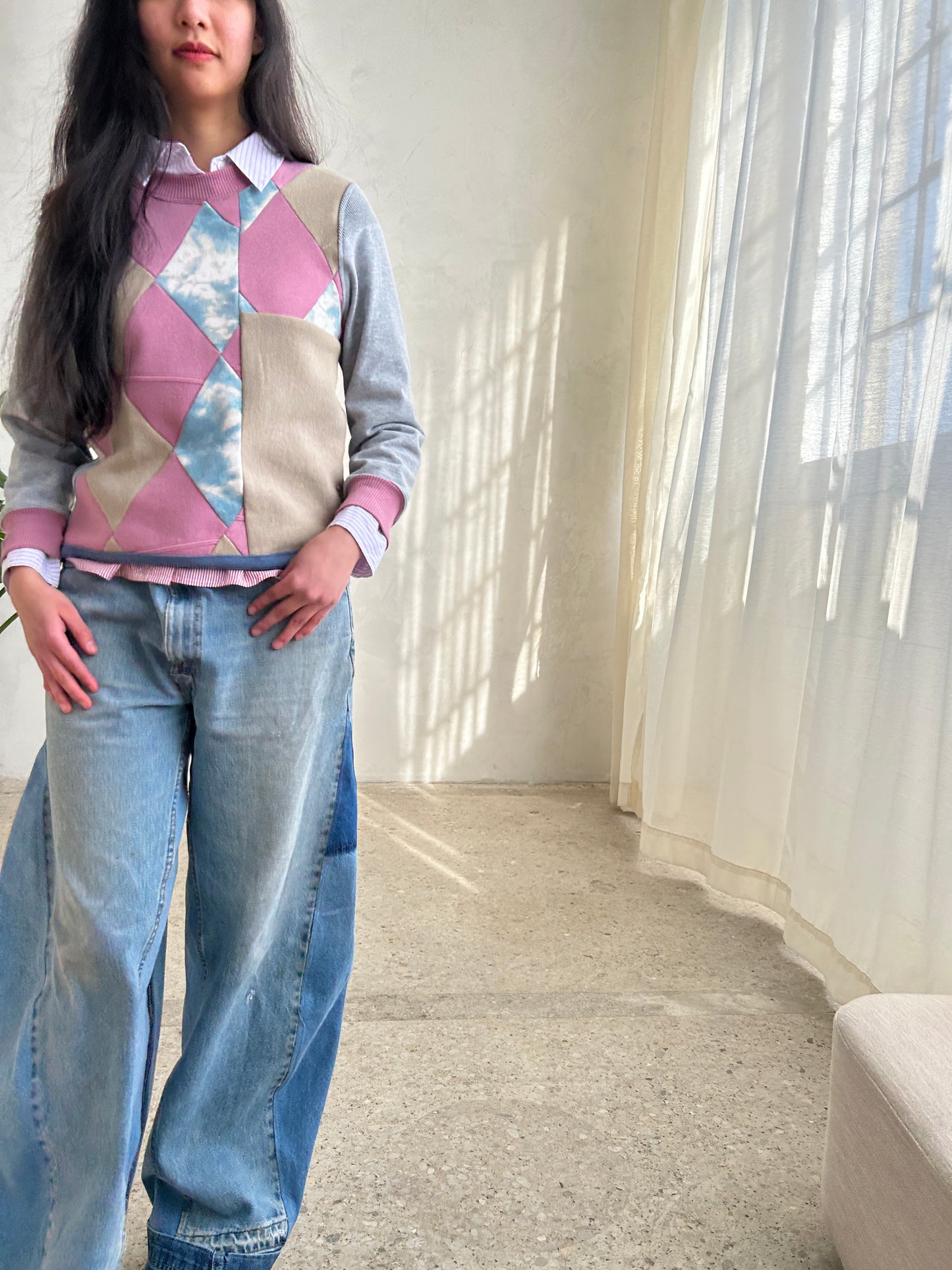 Upcycled Modern Workwear Pinstripe Shirt - Circle Series Size L/XL #PIN13