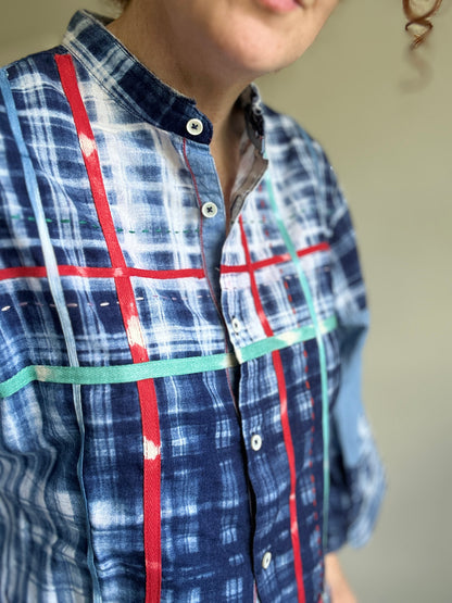 Ellis Reclaimed Patchwork Lightweight Cotton & Denim Shirt with Handstitching & Hand Dyed Twill Ribbon XL/2X #ELL5