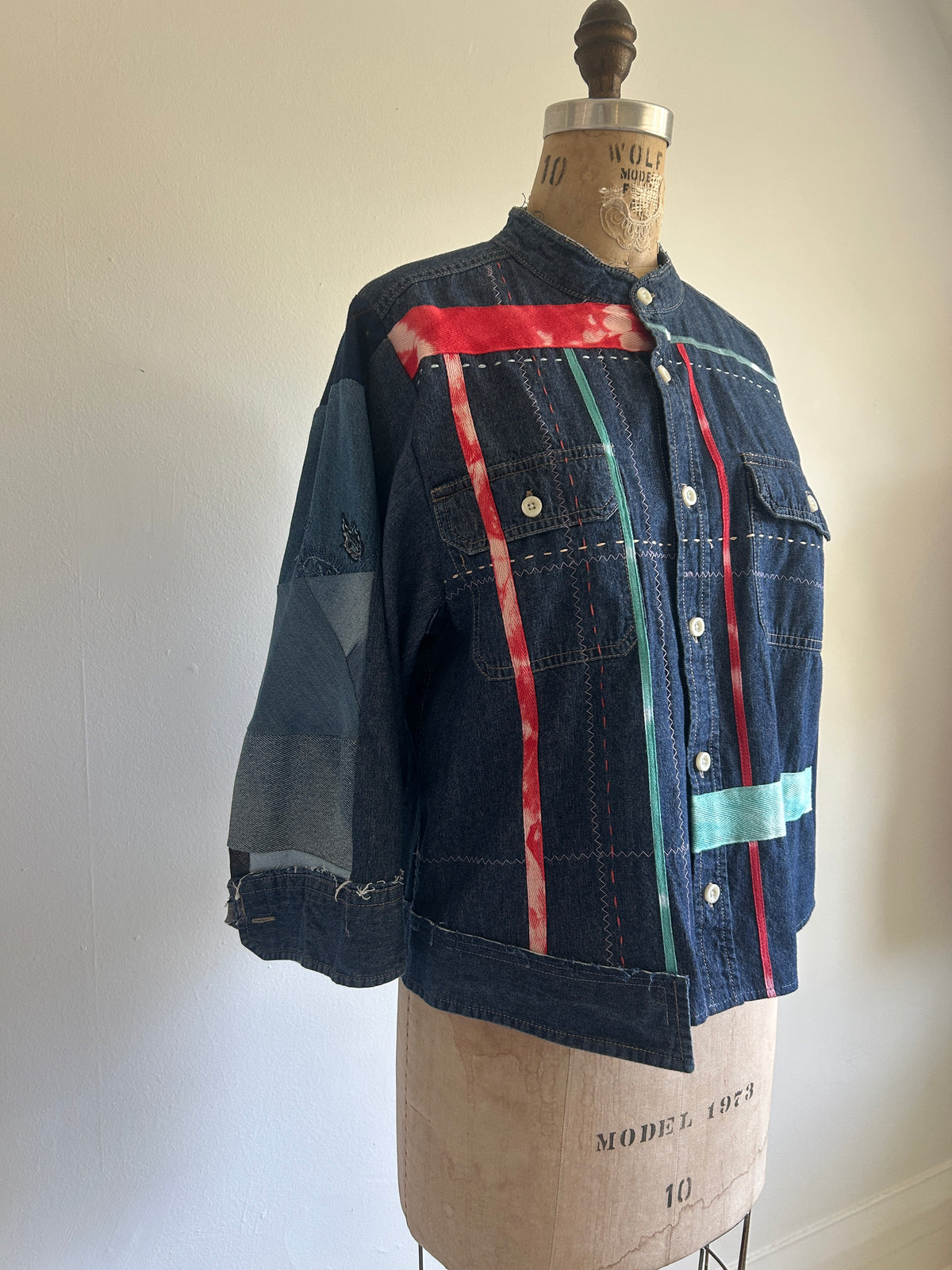 Ellis Reclaimed Patchwork Denim Shirt with Handstitching & Hand Dyed Twill Ribbon L/XL #ELL2