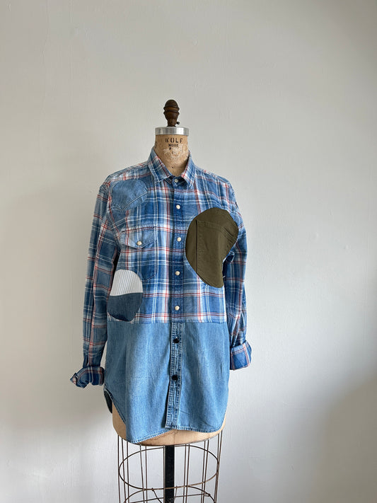 Upcycled Modern Workwear Cotton & Denim Shirt - Circle Series Size M/L #DEN12