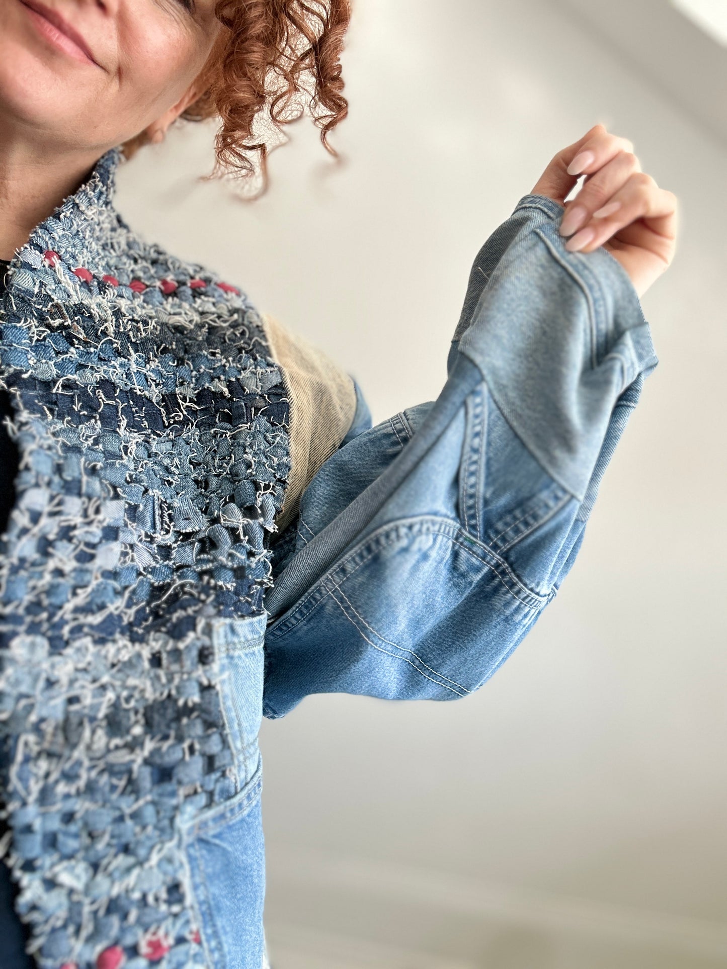 Vivianne Cropped Upcycled Woven Denim Jacket Size XL/2X #CVCDX2X101