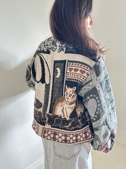 Vivianne Cropped Jacket with Upcycled Cat Themed Throw Blanket Size S/M #VIVT2