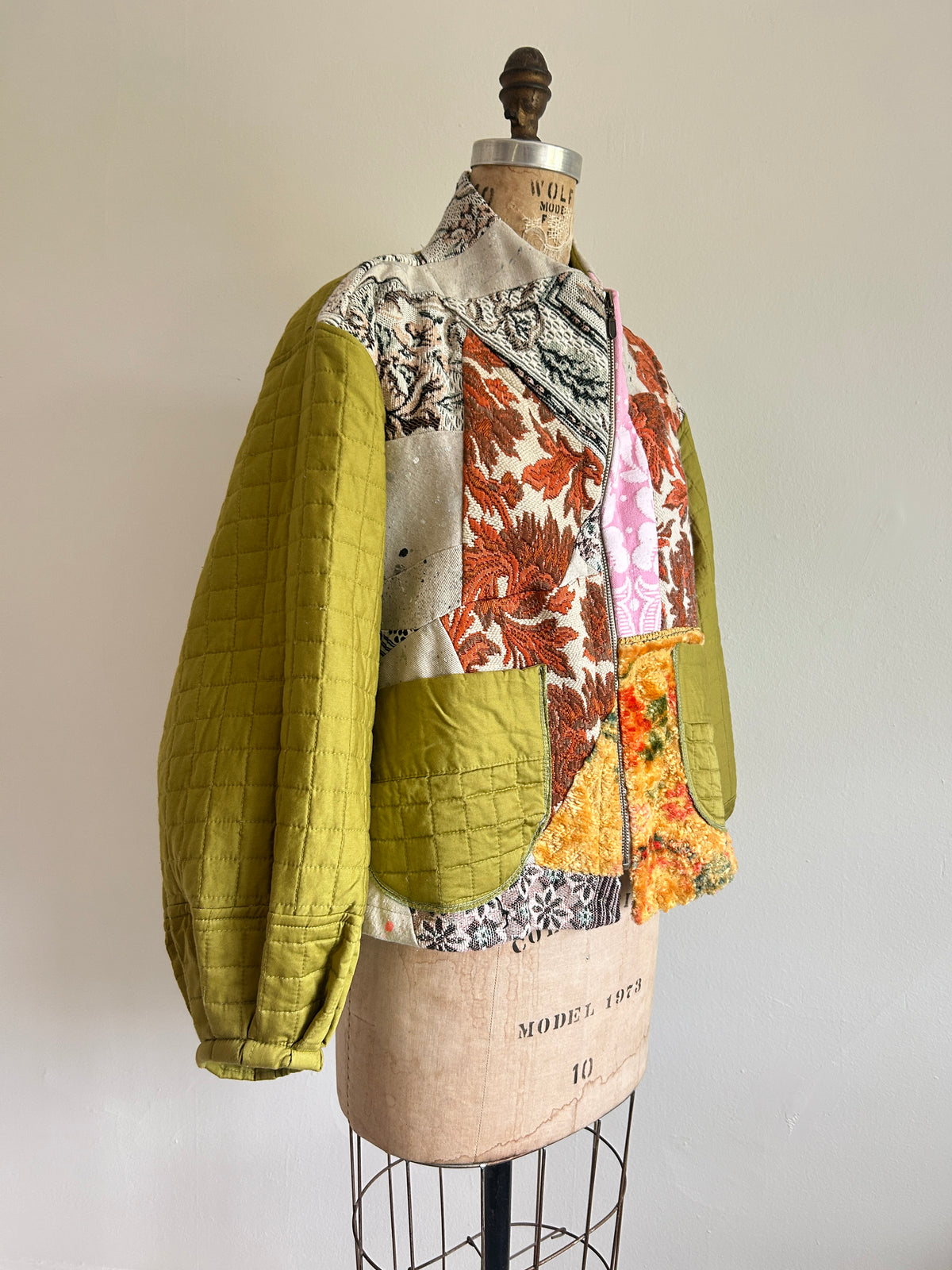 Billie Zip Up Jacket with Upcycled Spliced Scrap Vintage Textiles Size XL/2X #BILLX2XCR