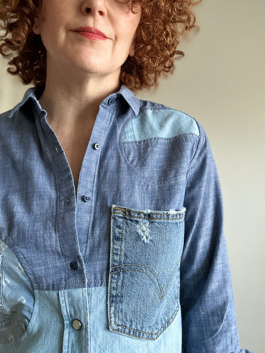 Upcycled Modern Workwear Denim Shirt - Circle Series Size S/M #DEN3