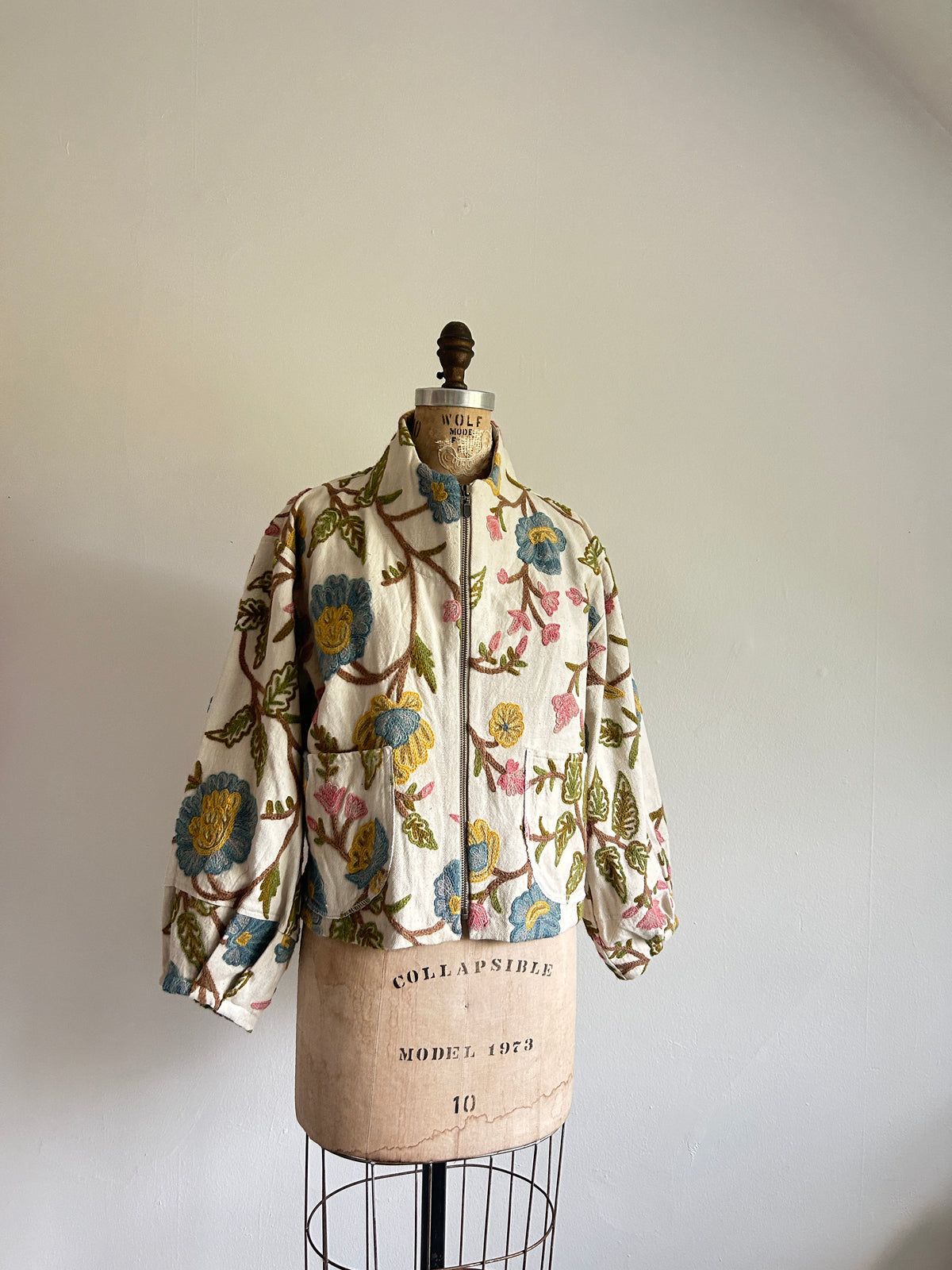 Billie Zip Up Cropped Jacket with Upcycled Vintage Crewel Wool Draperies Size M/L #BILLMLCR11