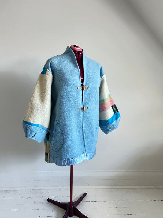 Vivianne Jacket with Upcycled Vintage Wool Patchworked Blanket & Leather & Wooden Toggles Size 2X/3X #CVJW23X53
