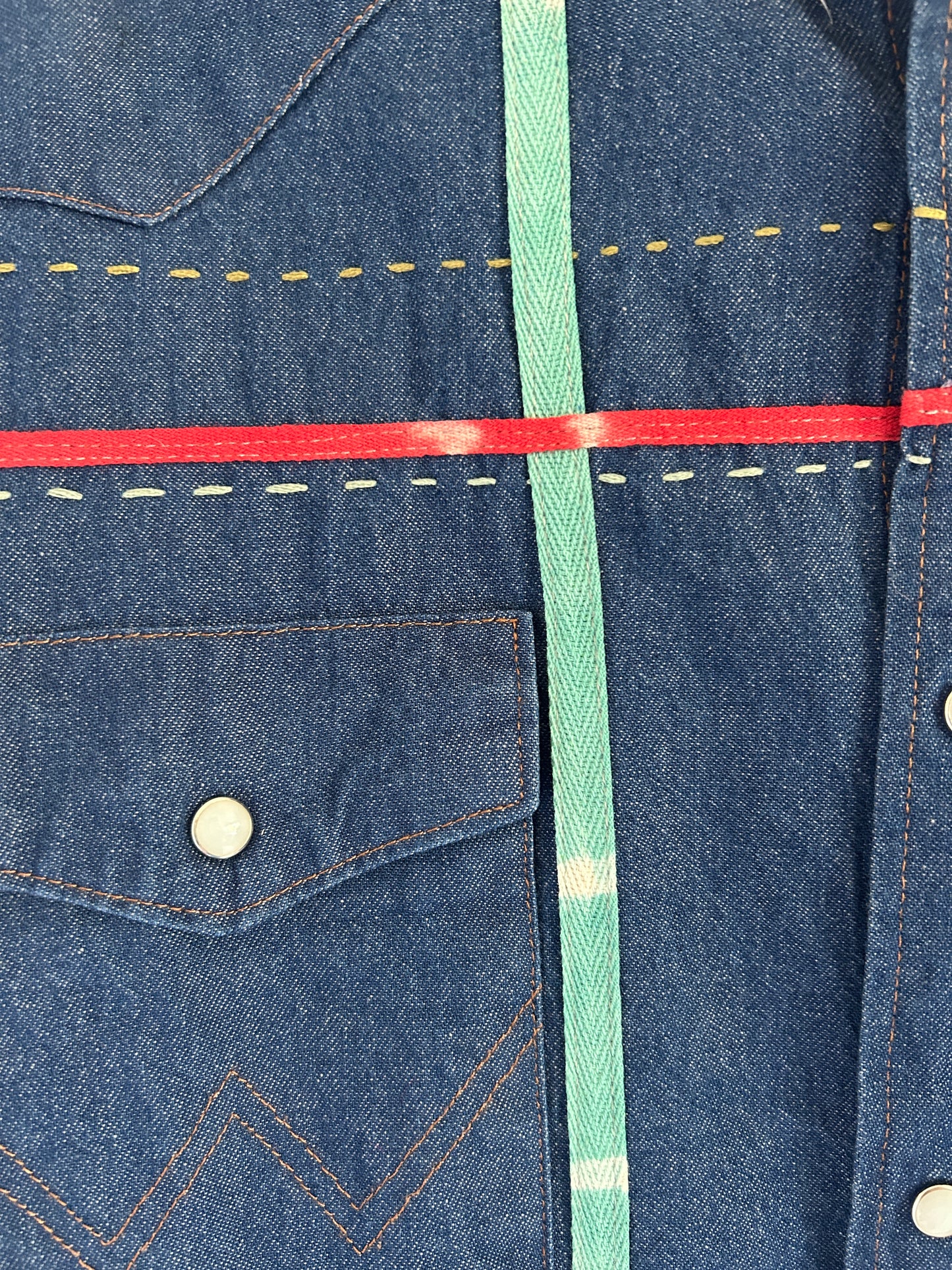 Ellis Reclaimed Patchwork Wrangler Denim Shirt with Handstitching & Hand Dyed Twill Ribbon 2X/3X #ELL8