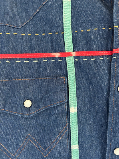 Ellis Reclaimed Patchwork Wrangler Denim Shirt with Handstitching & Hand Dyed Twill Ribbon 2X/3X #ELL8