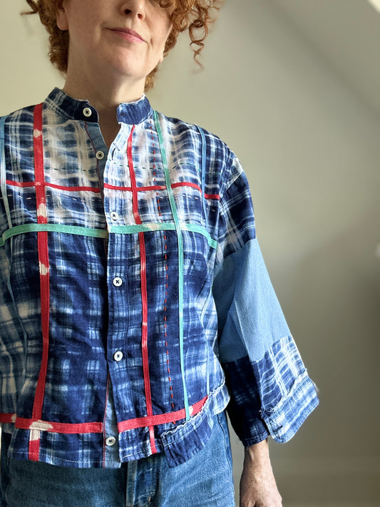 Ellis Reclaimed Patchwork Lightweight Cotton & Denim Shirt with Handstitching & Hand Dyed Twill Ribbon XL/2X #ELL5