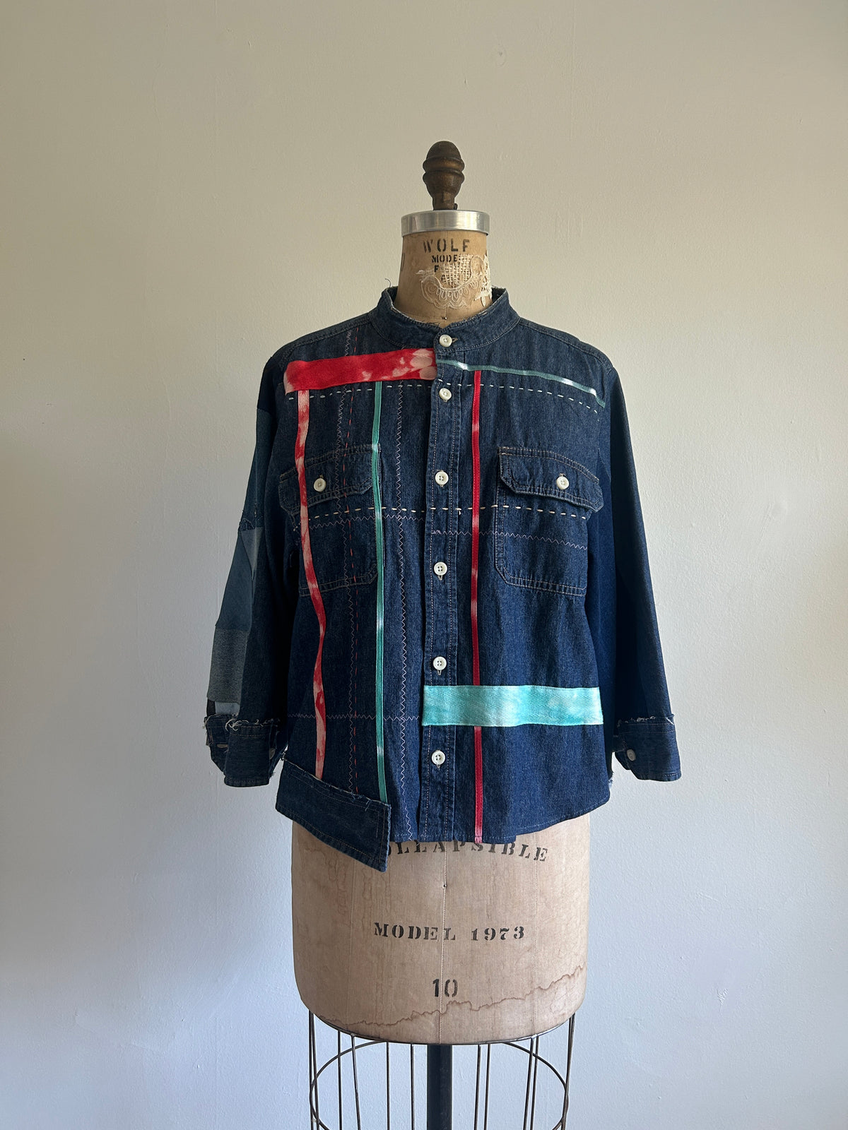 Ellis Reclaimed Patchwork Denim Shirt with Handstitching & Hand Dyed Twill Ribbon L/XL #ELL2