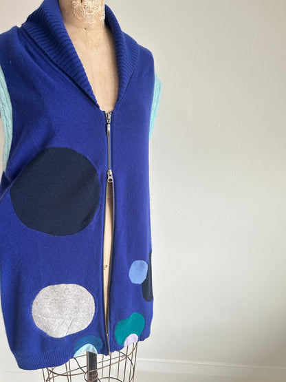 Abstract Art Patched Upcycled 2 Way Zipup Cashmere Vest Size L/XL #CAVLXL33