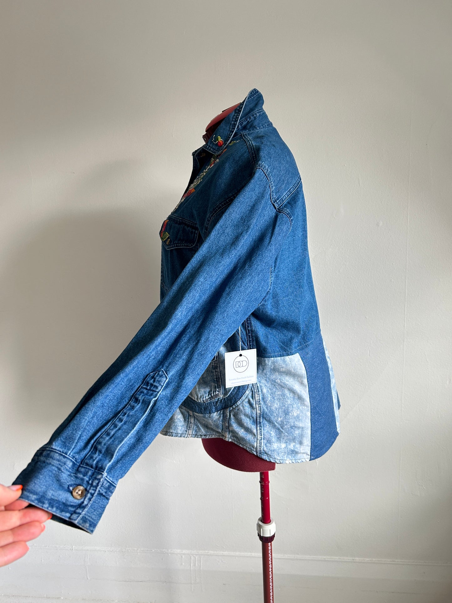 Upcycled Modern Workwear Denim Shirt - Circle Series with hand painting Size XL/2X #DEN1