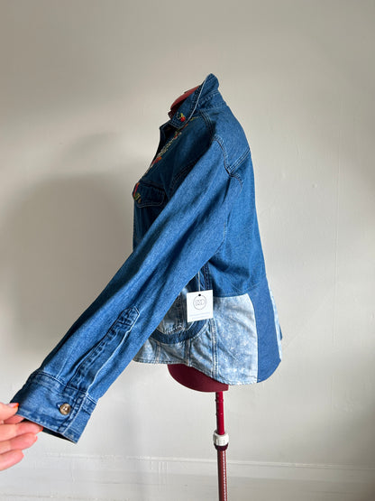 Upcycled Modern Workwear Denim Shirt - Circle Series with hand painting Size XL/2X #DEN1