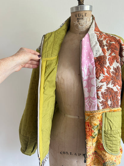Billie Zip Up Jacket with Upcycled Spliced Scrap Vintage Textiles Size XL/2X #BILLX2XCR