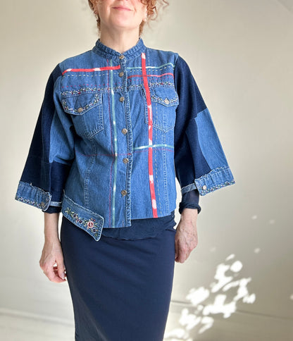 Ellis Reclaimed Patchwork Denim Shirt with Handstitching & Hand Dyed Twill Ribbon S/M #ELL16