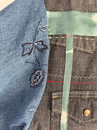 Ellis Reclaimed Patchwork Wrangler Denim Shirt with Handstitching & Hand Dyed Twill Ribbon M/L #ELL9