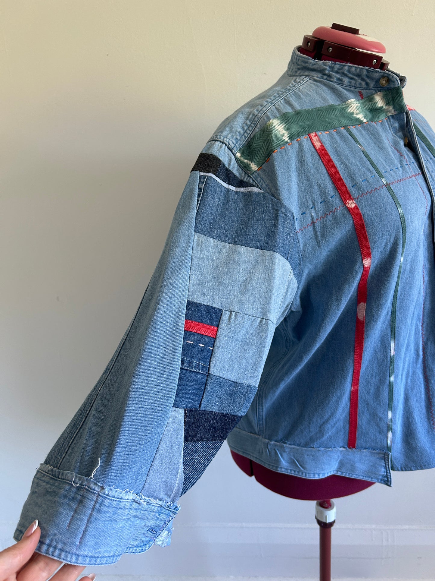 Ellis Reclaimed Patchwork Wrangler Denim Shirt with Handstitching & Hand Dyed Twill Ribbon 2X/3X #ELL6