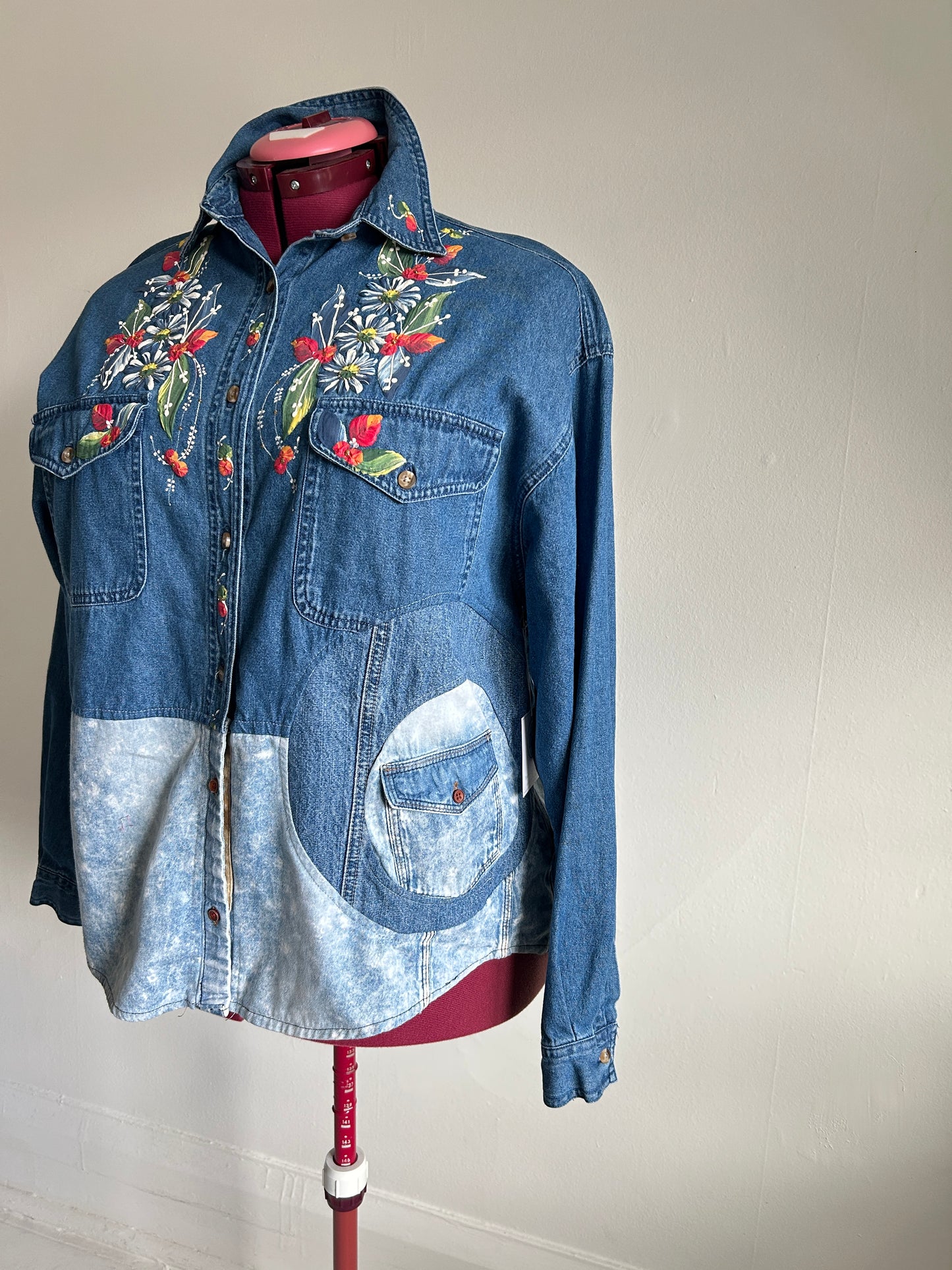 Upcycled Modern Workwear Denim Shirt - Circle Series with hand painting Size XL/2X #DEN1