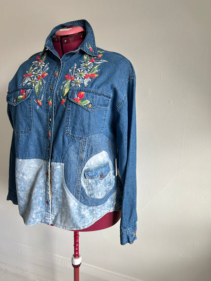 Upcycled Modern Workwear Denim Shirt - Circle Series with hand painting Size XL/2X #DEN1