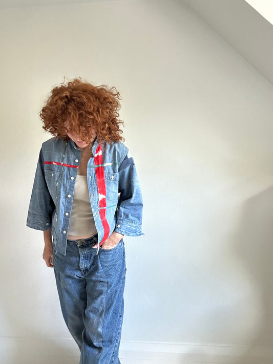 Ellis Reclaimed Patchwork Denim Shirt with Handstitching & Hand Dyed Twill Ribbon M/L #ELL4