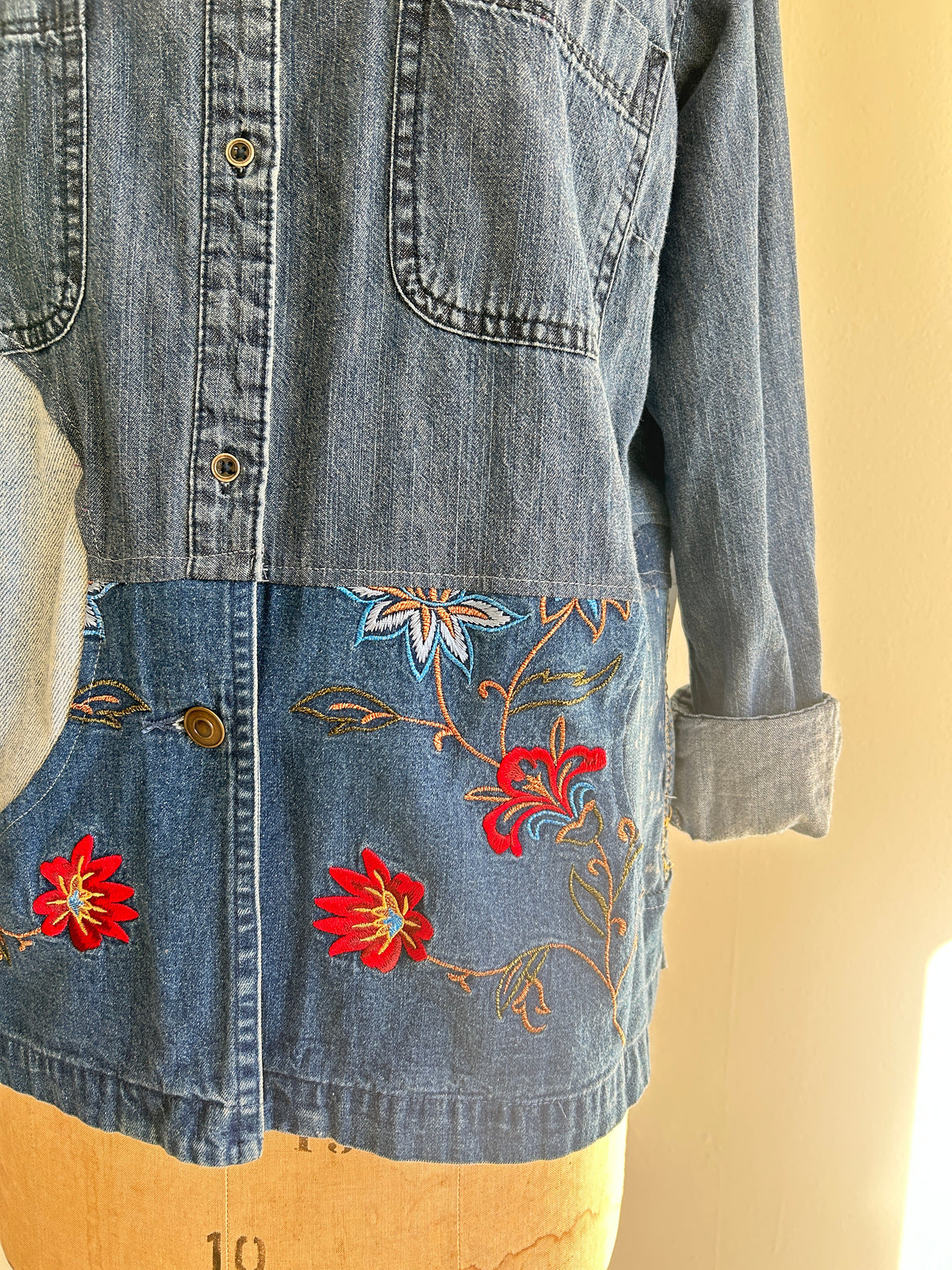 Upcycled Modern Workwear Denim Shirt - Circle Series Size L/XL #DENLXL1