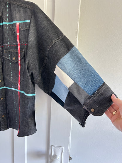 Ellis Reclaimed Patchwork Wrangler Denim Shirt with Handstitching & Hand Dyed Twill Ribbon M/L #ELL9