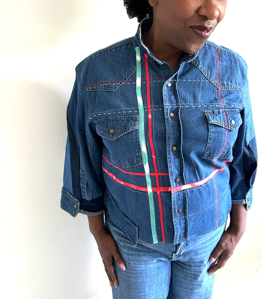 Ellis Reclaimed Patchwork Dickies Denim Shirt with Handstitching & Hand Dyed Twill Ribbon XL/2X #ELL10