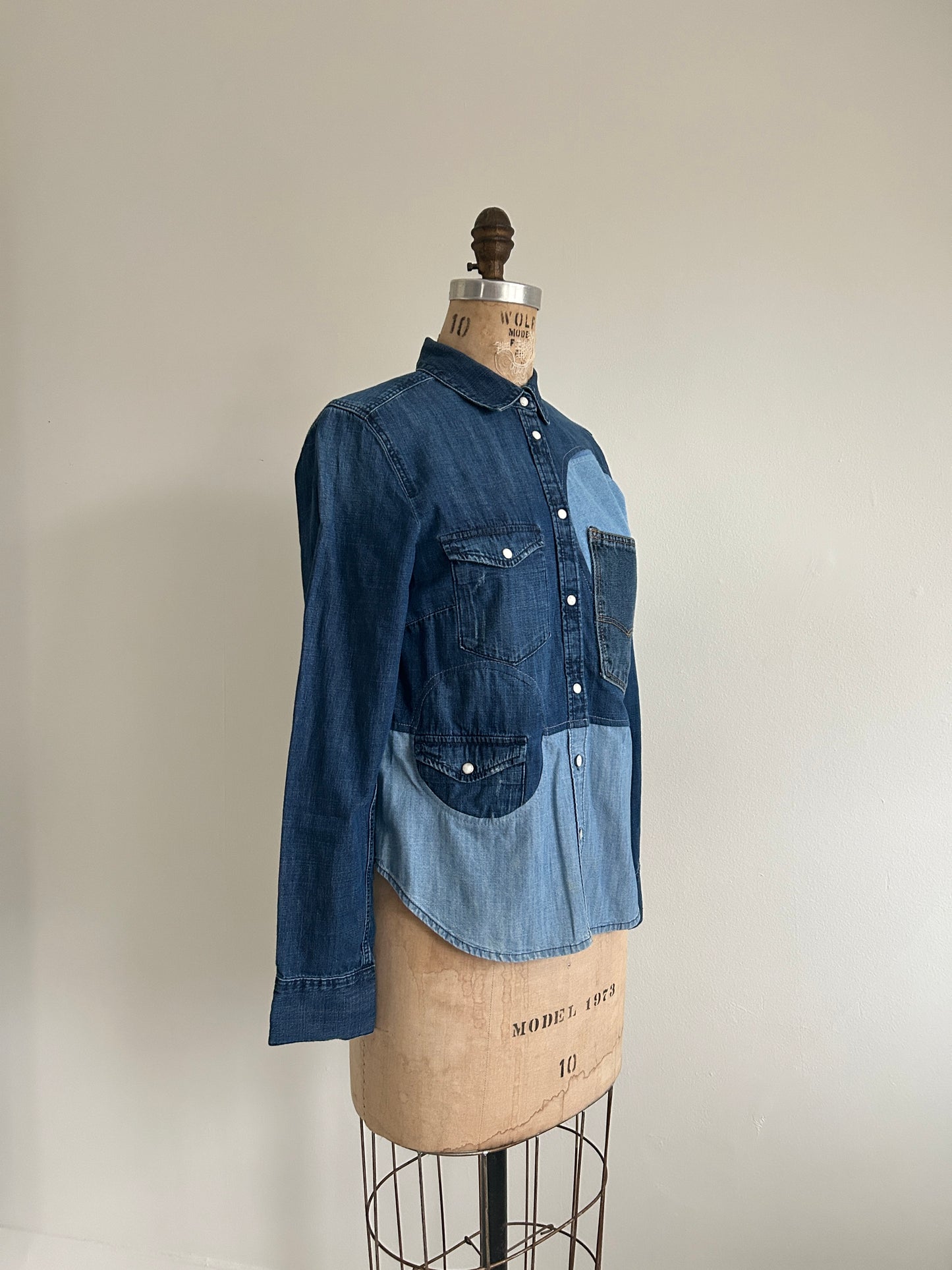 Upcycled Modern Workwear Denim Shirt - Circle Series Size XS/S #DBXSS4