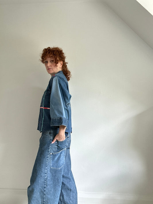 Ellis Reclaimed Patchwork Wrangler Denim Shirt with Handstitching & Hand Dyed Twill Ribbon XL/2X #ELL1