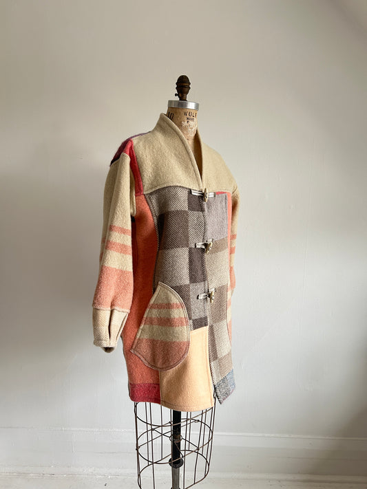 Vivianne Jacket with Upcycled Vintage Wool Patchworked Blanket & Leather & Wooden Toggles Size S/M #CVJWSM60