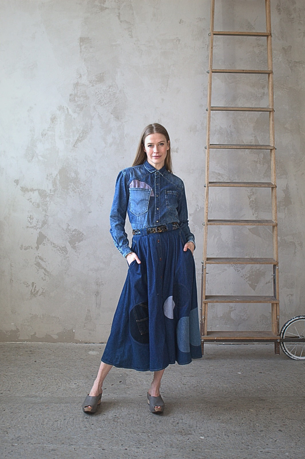 Upcycled Modern Workwear Denim Shirt - Circle Series Size M/L #DBML6