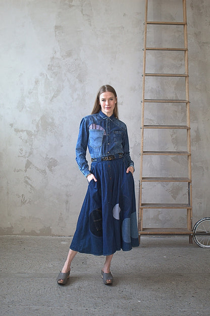 Upcycled Modern Workwear Denim Shirt - Circle Series Size M/L #DBML6