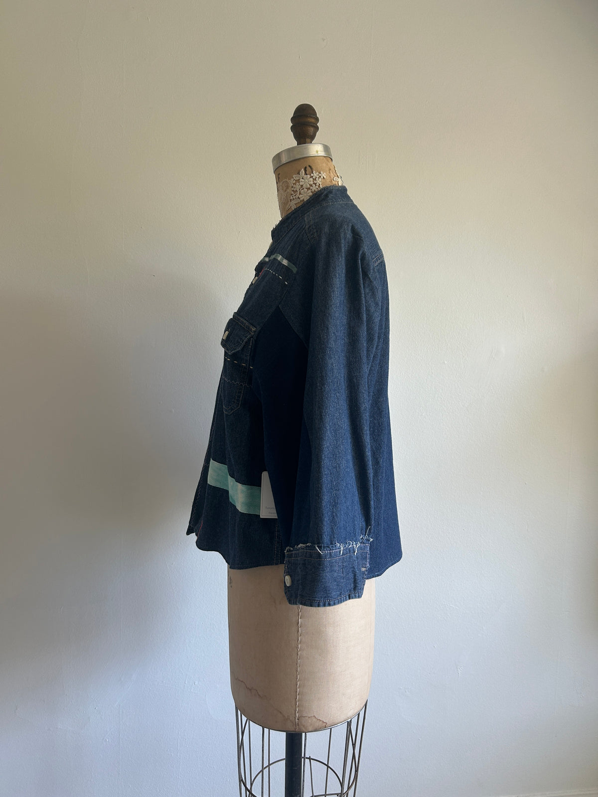 Ellis Reclaimed Patchwork Denim Shirt with Handstitching & Hand Dyed Twill Ribbon L/XL #ELL2