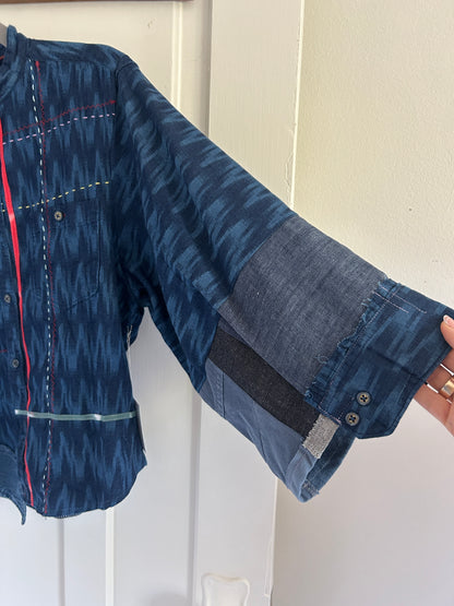 Ellis Reclaimed Patchwork Denim Ikat Shirt with Handstitching & Hand Dyed Twill Ribbon L/XL #ELL7