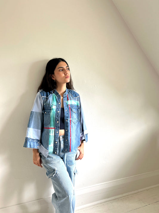 Ellis Reclaimed Patchwork Denim Shirt with Handstitching & Hand Dyed Twill Ribbon S/M #ELL3