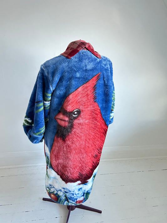 Vivianne Jacket with Upcycled Vintage & Fleece Wool Blanket & Leather & Wooden Toggles Cardinal Theme Size XL/2X #CVJWX2X48