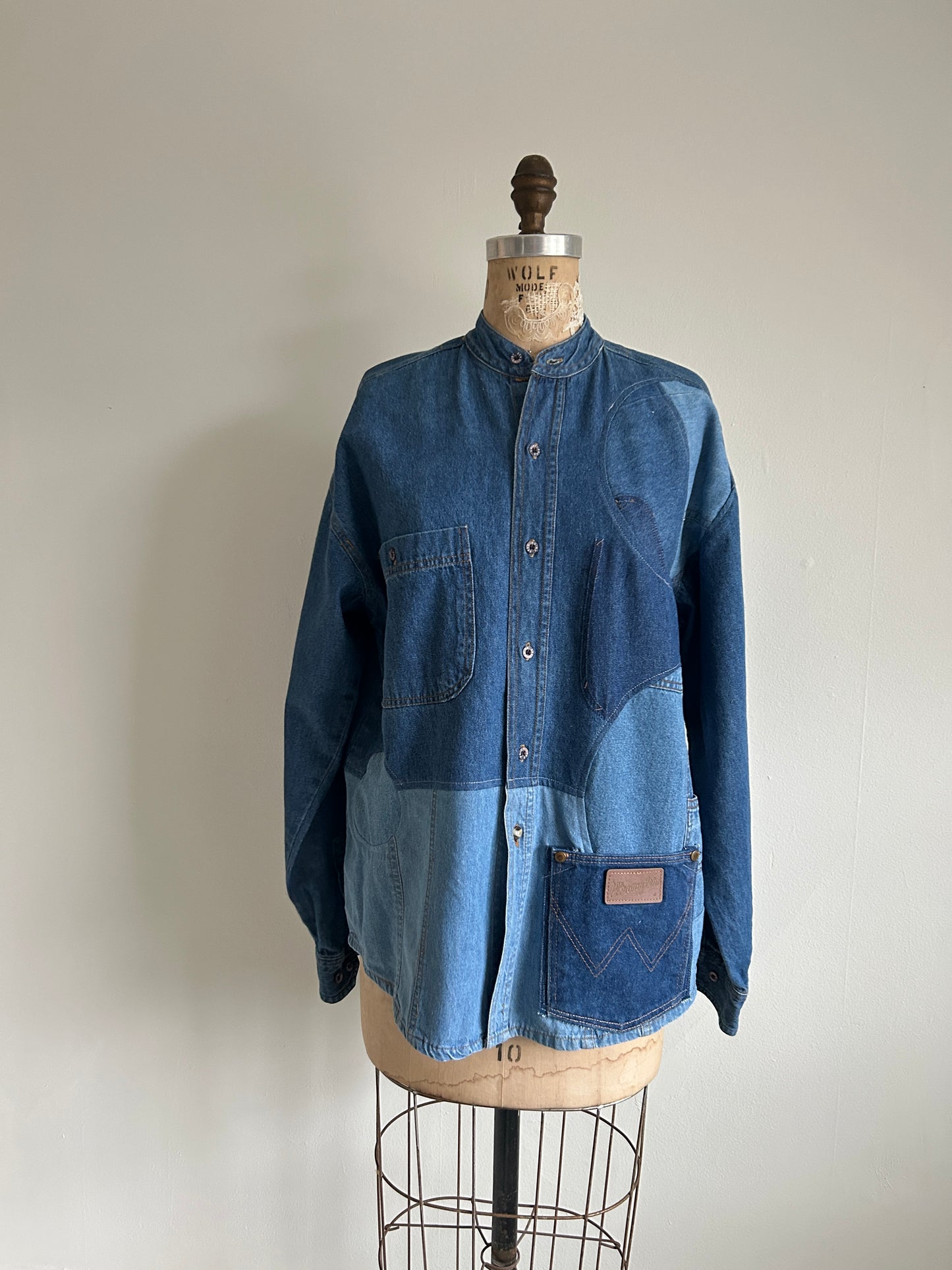 Upcycled Modern Workwear Wrangler Denim Shirt - Circle Series Size L/XL #DBML7