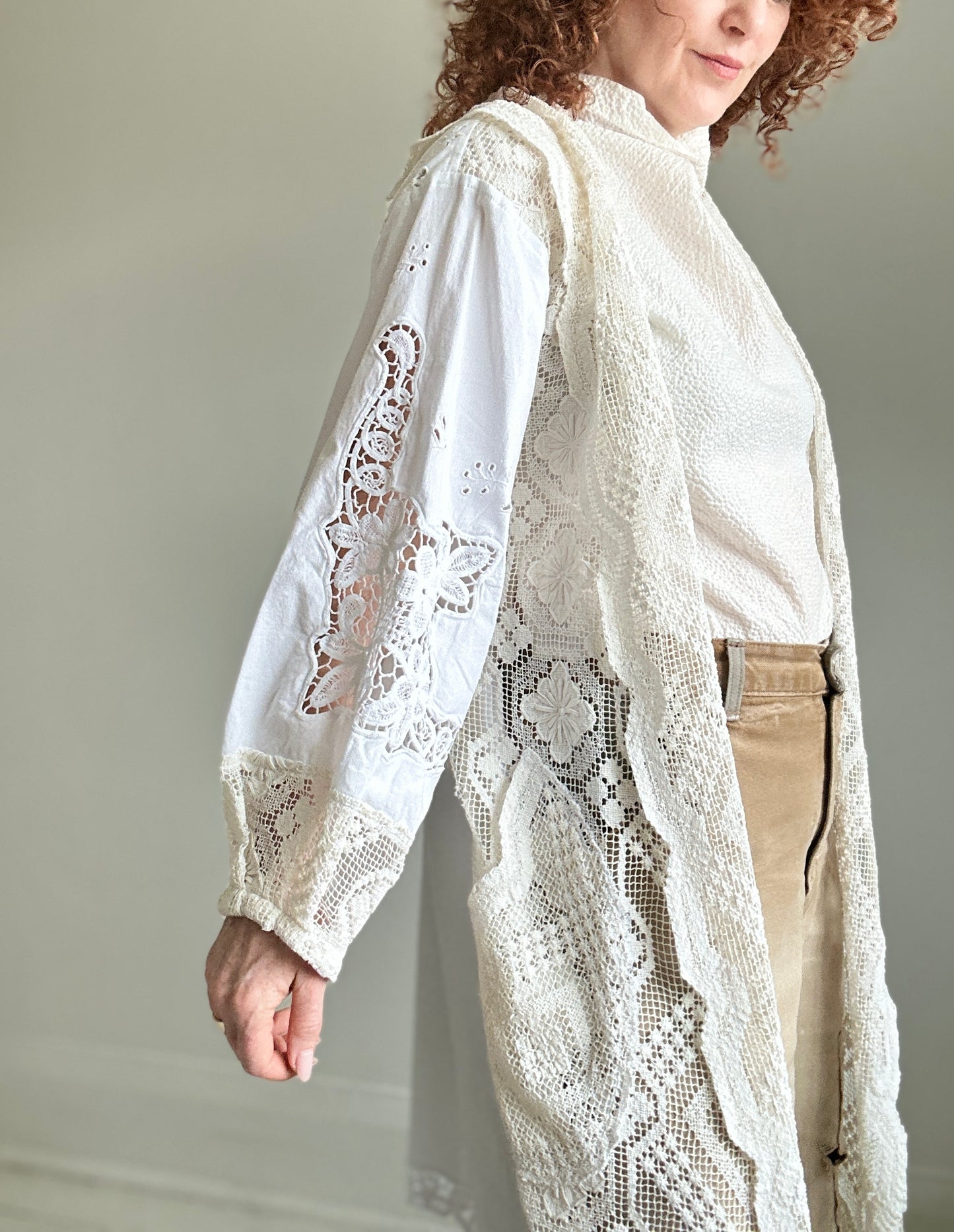 Vivianne Jacket with Upcycled Vintage Cut Lace Cotton & Crochet Boho Draperies & Crochet  Size M/L #CVCJML100