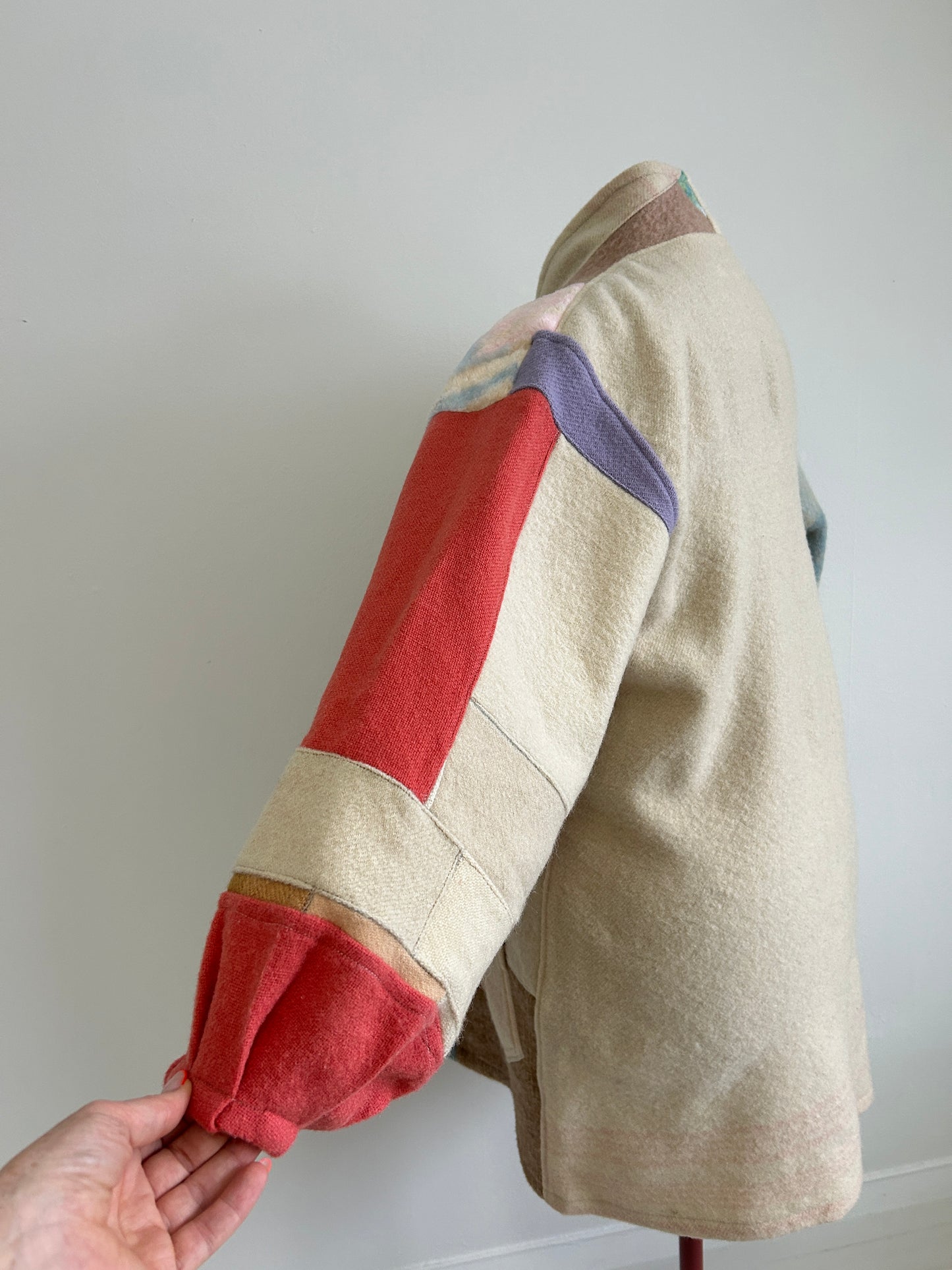 Vivianne Jacket with Upcycled Vintage Wool Patchworked Blanket & Leather & Wooden Toggles Size XL/2X #CVJWX2X31