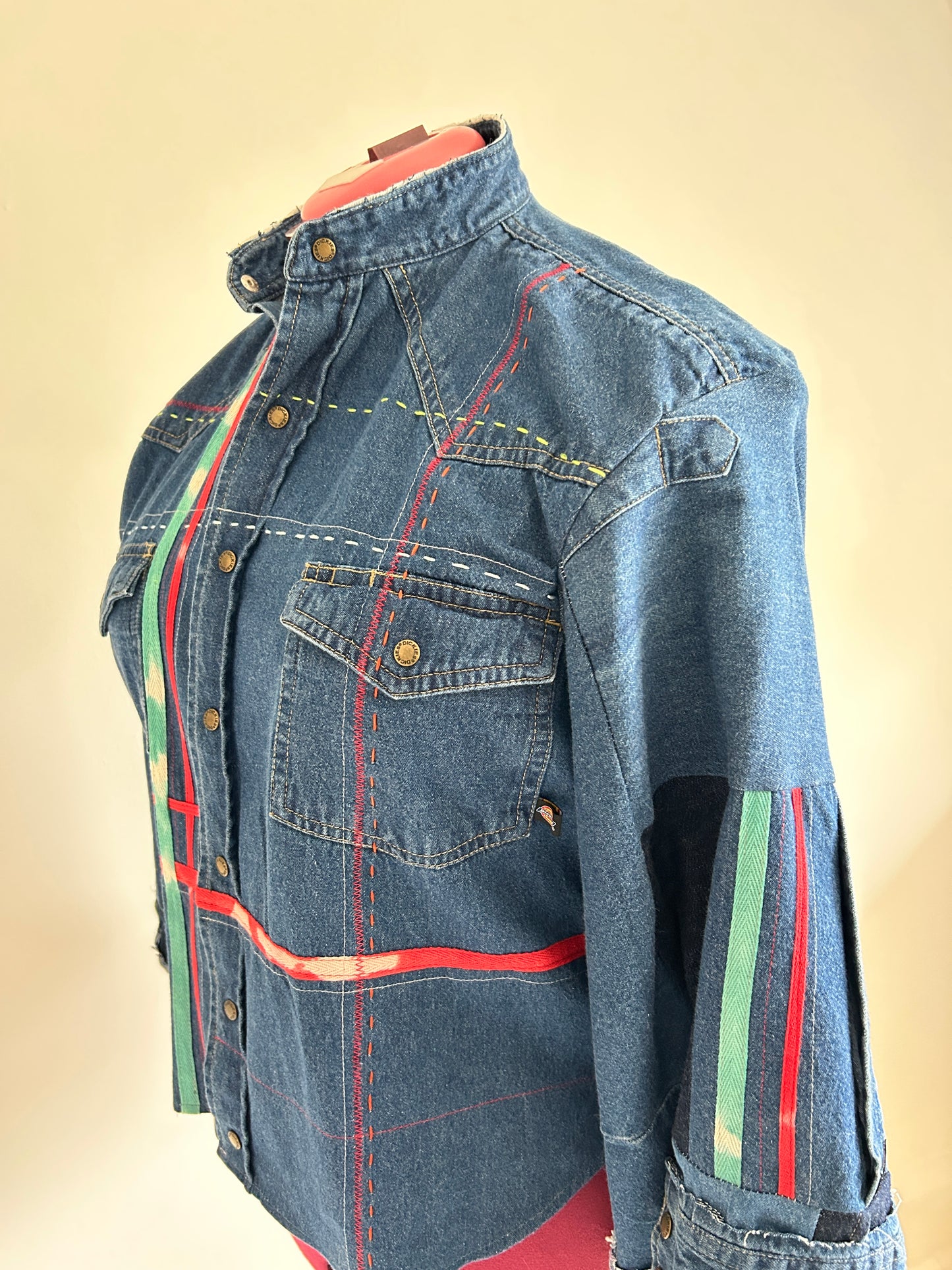 Ellis Reclaimed Patchwork Dickies Denim Shirt with Handstitching & Hand Dyed Twill Ribbon XL/2X #ELL10