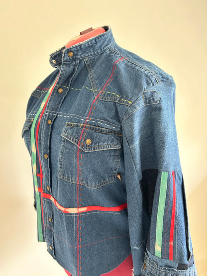 Ellis Reclaimed Patchwork Dickies Denim Shirt with Handstitching & Hand Dyed Twill Ribbon XL/2X #ELL10