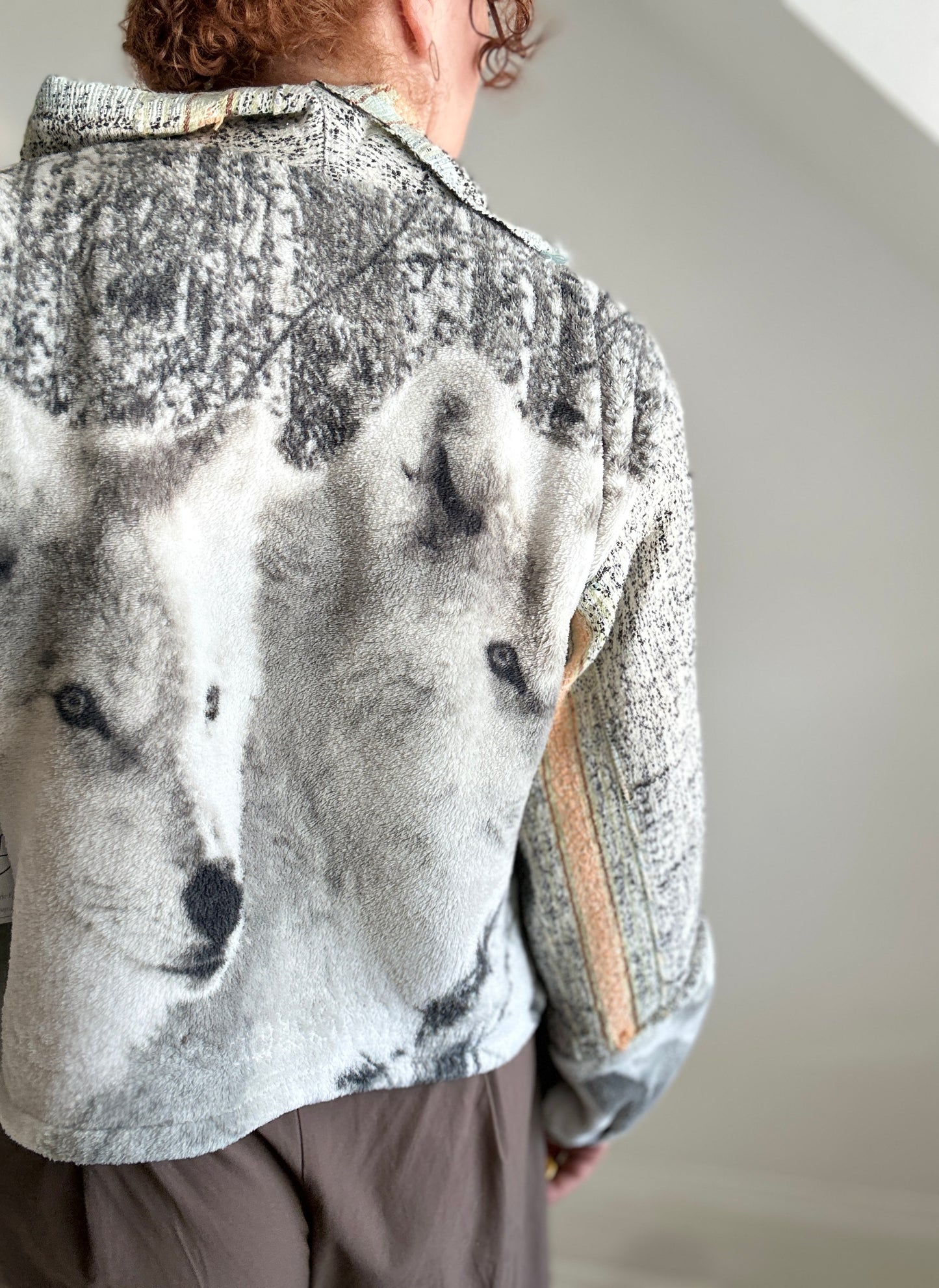 Vivianne Jacket with Upcycled Fleece & Cotton Throw Blanket Wolf Theme Size M/L #CVJTML103