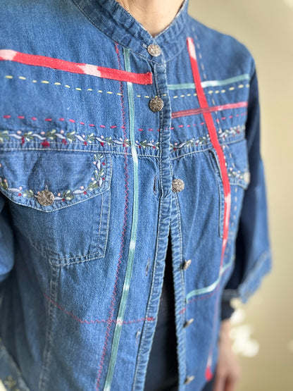 Ellis Reclaimed Patchwork Denim Shirt with Handstitching & Hand Dyed Twill Ribbon S/M #ELL16