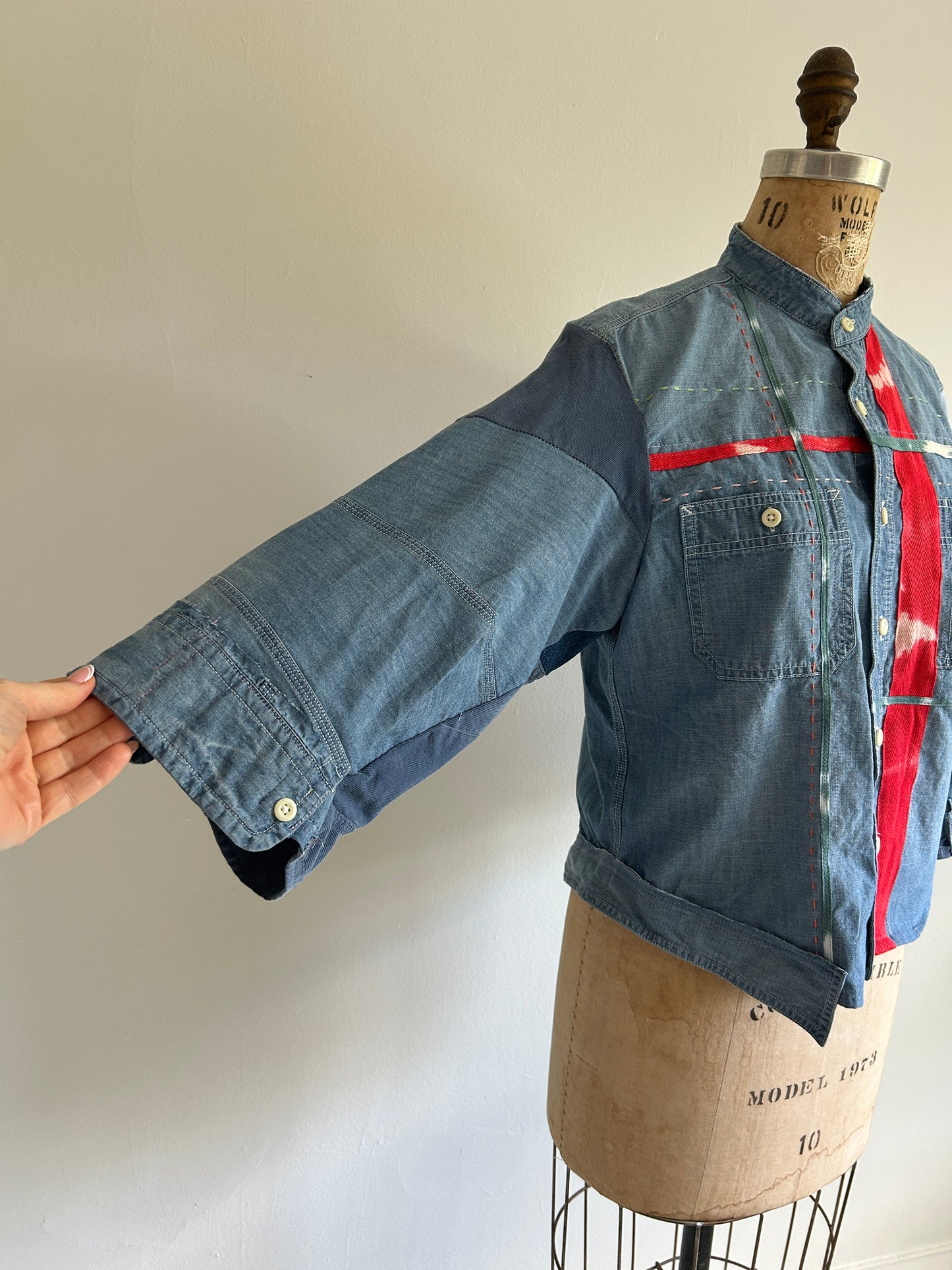 Ellis Reclaimed Patchwork Denim Shirt with Handstitching & Hand Dyed Twill Ribbon M/L #ELL4
