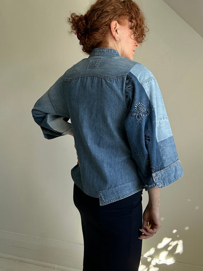 Ellis Reclaimed Patchwork Denim Shirt with Handstitching & Hand Dyed Twill Ribbon S/M #ELL15
