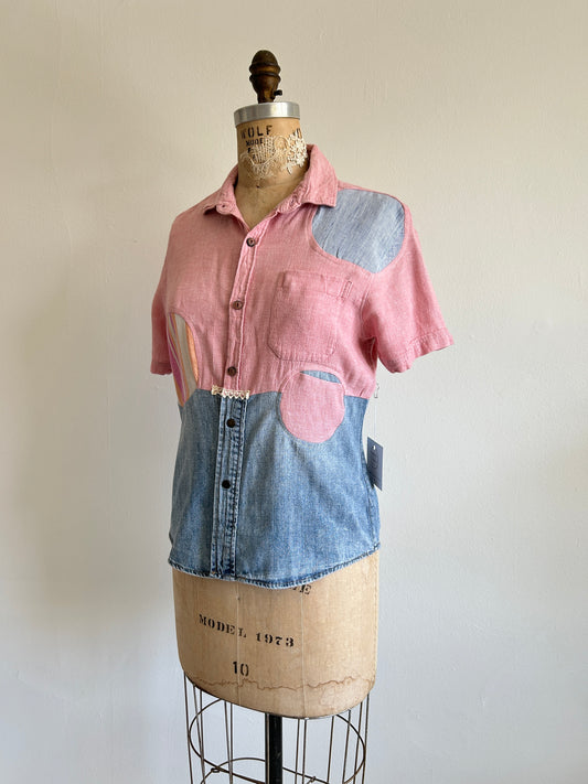 Upcycled Modern Workwear Linen &  Denim Shirt - Circle Series Size XS/S #DEN2